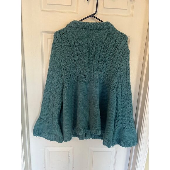 Handmade Blue Cable Knit Bell Sleeve Cardigan Sweater Size Medium - Picture 6 of 10